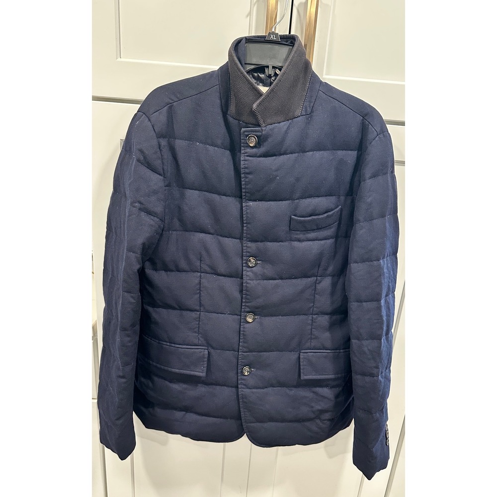Moncler Mens Navy Blue Quilted Down Blazer Jacket Ribbed Collar Size 4 XL